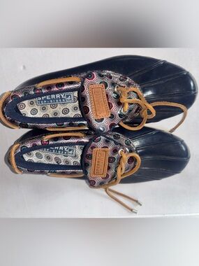 Sperry Top-Sider Saltwater Low Duck Shoes Navy Blue Geometric Trim Size 7